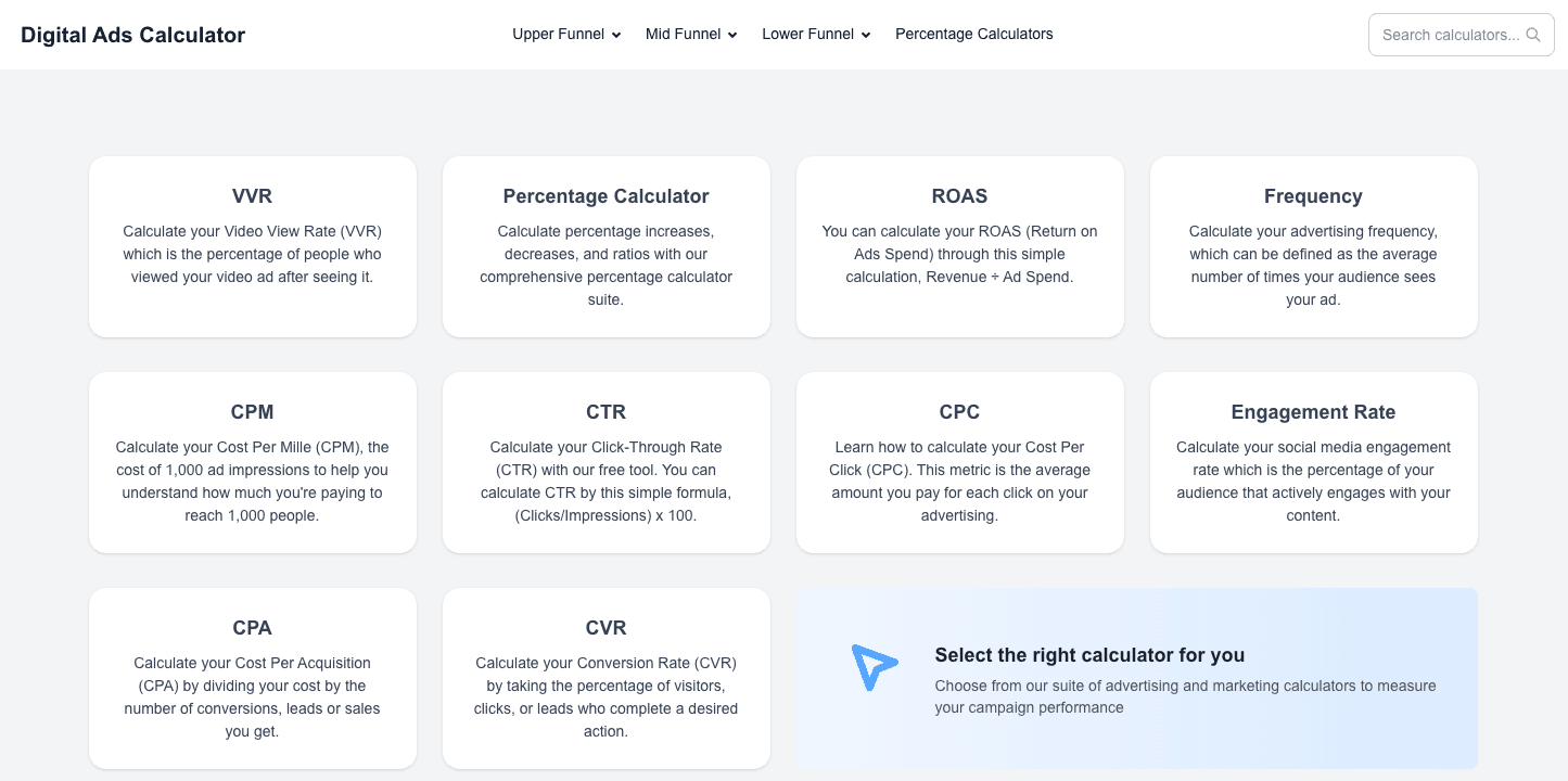 Digital Ads Calculator homepage showing marketing calculators